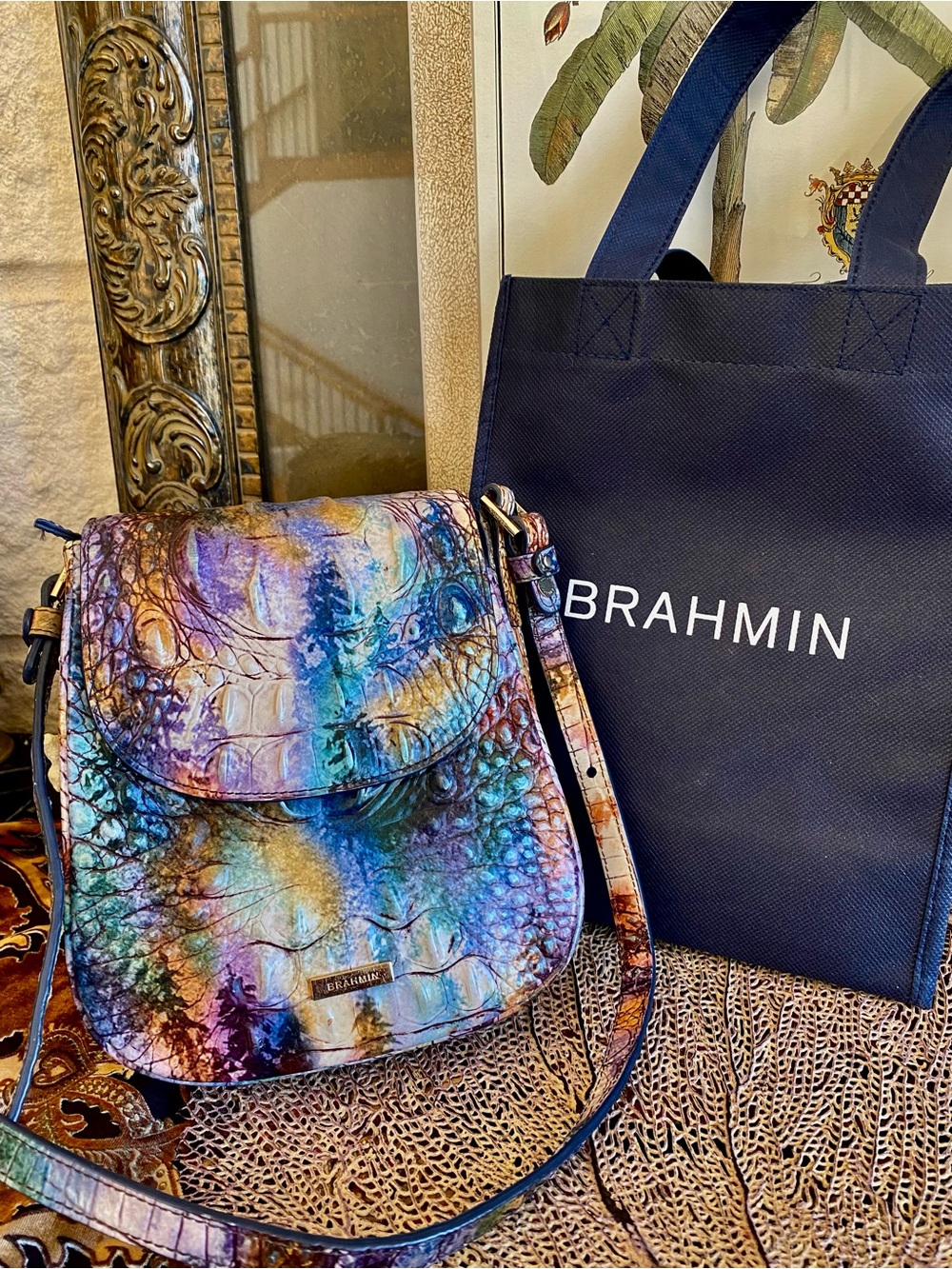 BRAHMIN Curvy Saddle-bag style EVERLEE! Woodland Melbourne CROSSBODY Bag
